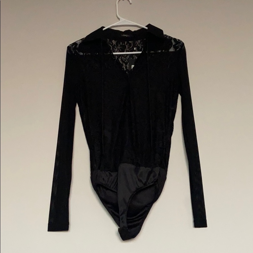 BKE Boutique black lace bodysuit with mesh sleeves